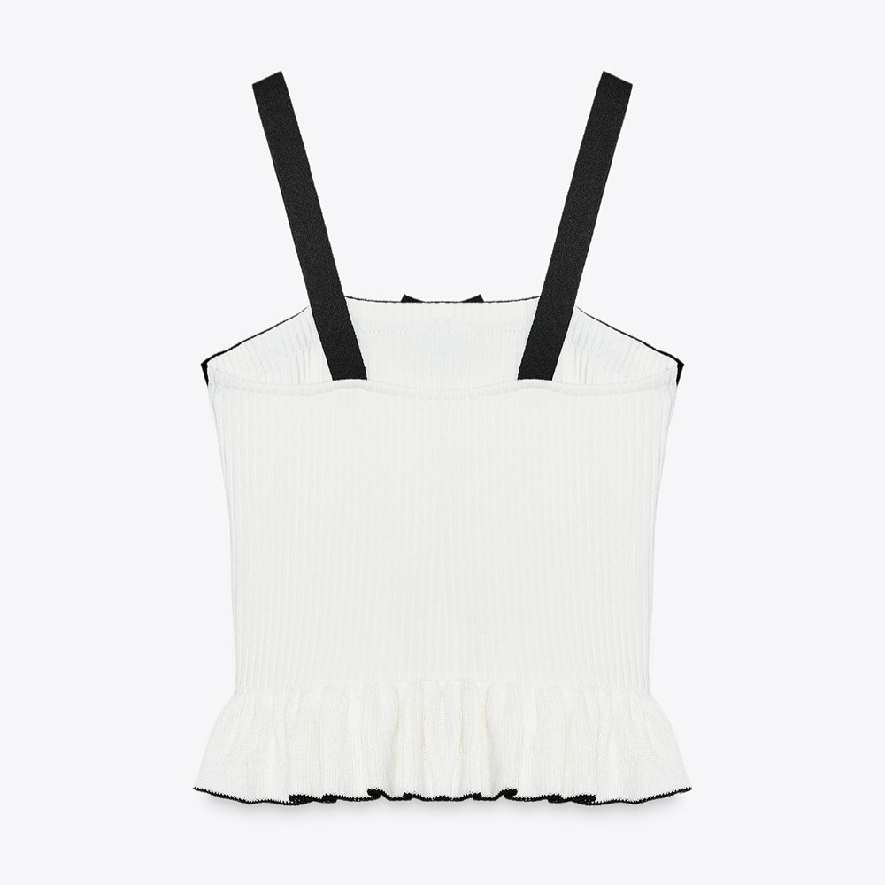 Zara Women White Ribbed Knit Peplum Camisole Top Black Bow Trim Medium 4770/117 - Picture 2 of 10